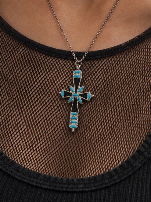 Vintage Y2k Gothic Cross Pendant Black Enamel Turquoise